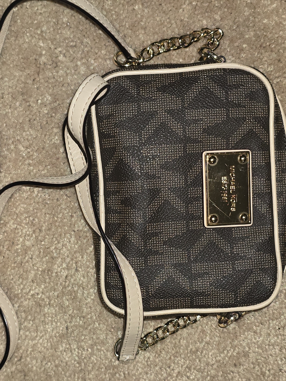 Michael Kors Brown and Cream Logo Crossbody with Gold Plate